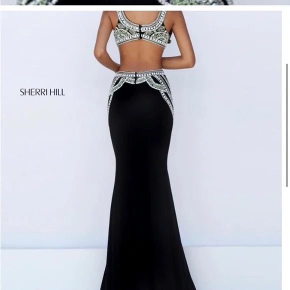 Sherri Hill Black and Green Embellished Prom Dress - Picture 2 of 5
